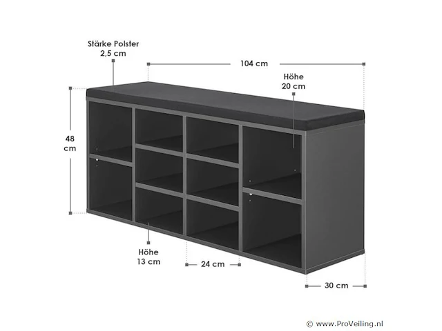 Schoenenkast / schoenenrek 10 vakken - 104 x 30 x 48 cm - donkergrijs - incl. zitkussen - afbeelding 2 van  10