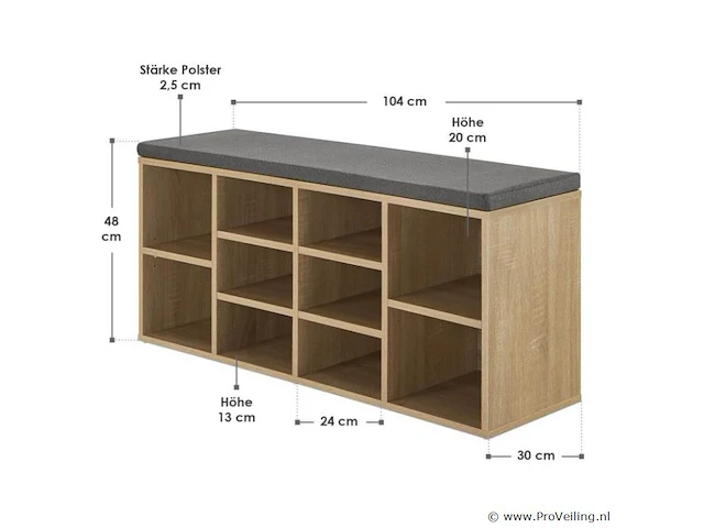 Schoenenkast / schoenenrek 10 vakken - 104 x 30 x 48 cm - houtkleur - incl. zitkussen - afbeelding 2 van  10