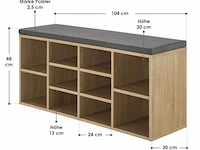 Schoenenkast / schoenenrek 10 vakken - 104 x 30 x 48 cm - houtkleur - incl. zitkussen - afbeelding 2 van  10