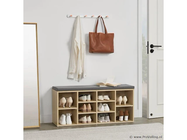 Schoenenkast / schoenenrek 10 vakken - 104 x 30 x 48 cm - houtkleur - incl. zitkussen - afbeelding 3 van  10