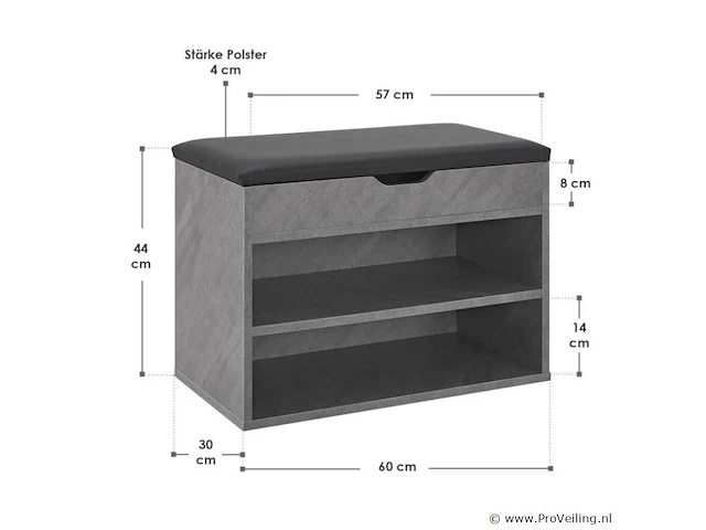Schoenenkast / schoenenrek 2 vakken - 60 x 30 x 44 cm - betonkleur - incl. zitkussen - afbeelding 2 van  10