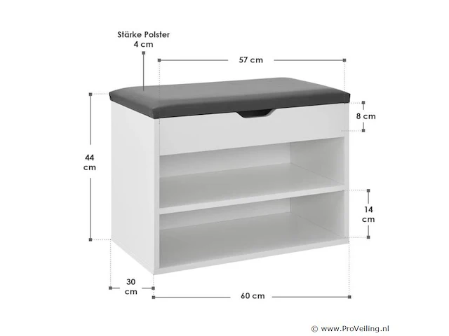 Schoenenkast / schoenenrek 2 vakken - 60 x 30 x 44 cm - wit - incl. zitkussen - afbeelding 2 van  10
