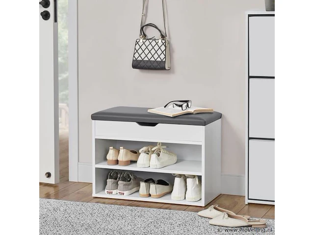 Schoenenkast / schoenenrek 2 vakken - 60 x 30 x 44 cm - wit - incl. zitkussen - afbeelding 3 van  10