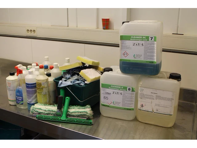 Schoonmaakproducten op schap w.o. roetreiniger, interieurreiniger en schuursponzen. - afbeelding 1 van  4