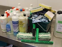 Schoonmaakproducten op schap w.o. roetreiniger, interieurreiniger en schuursponzen. - afbeelding 3 van  4