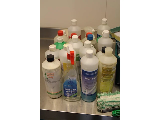Schoonmaakproducten op schap w.o. roetreiniger, interieurreiniger en schuursponzen. - afbeelding 4 van  4
