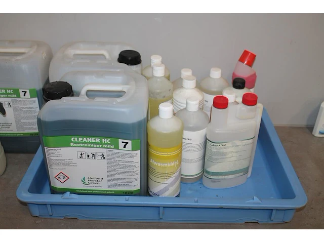 Schoonmaakproducten waaronder roetreiniger, afwasmiddel, thinner, sanifris, vloerreiniger, schoonmaakazijn,... - afbeelding 2 van  4