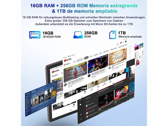 Sebbe table 2k display android 13 16 gb ram + 256 gb rom + tf 1 tb octacore tablet 20 ghz - afbeelding 4 van  4