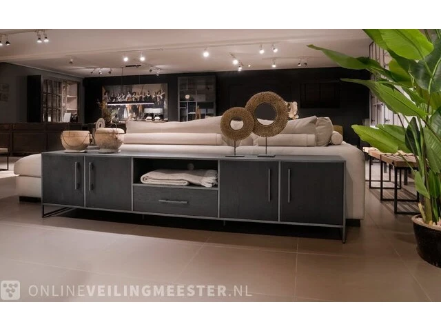 Set 6 stuks dark oak collectie oa tv-meubel, dressoir, hoog en laag rek, salontafel en hoog cabinet, zwart - afbeelding 1 van  6