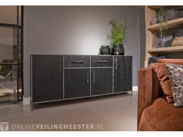 Set 6 stuks dark oak collectie oa tv-meubel, dressoir, hoog en laag rek, salontafel en hoog cabinet, zwart - afbeelding 2 van  6