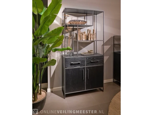 Set 6 stuks dark oak collectie oa tv-meubel, dressoir, hoog en laag rek, salontafel en hoog cabinet, zwart - afbeelding 3 van  6
