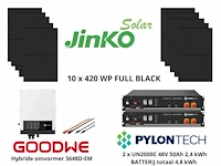 Set van 10 full black zonnepanelen (420 wp) met goodwe 3648d-em hybride omvormer en 2 x pylontech 2,4 kwh batterij t.b.v. energieopslag (totaal vermogen 4,8 kw) - afbeelding 1 van  13