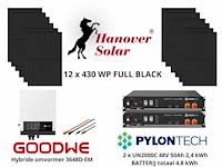 Set van 12 full black zonnepanelen (430 wp) met goodwe 5048d-em hybride omvormer en 2x pylontech 2,4 kwh batterij (totaal 4,8 kwh)