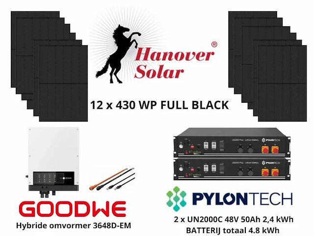 Set van 12 full black zonnepanelen (430 wp) met goodwe 5048d-em hybride omvormer en 2x pylontech 2,4 kwh batterij (totaal 4,8 kwh) - afbeelding 1 van  15