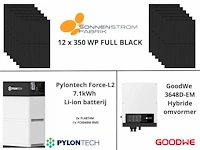 Set van 12 zonnepanelen met hybride omvormer en 7,1 kwh batterij.