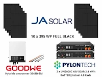 Set van 14 full black zonnepanelen (395 wp) met goodwe 5048d-em hybride omvormer en 2 x pylontech un2000c 48v 50ah, 2,4 kwh batterij t.b.v. opslag (totaal 4,8 kwh) - afbeelding 1 van  14