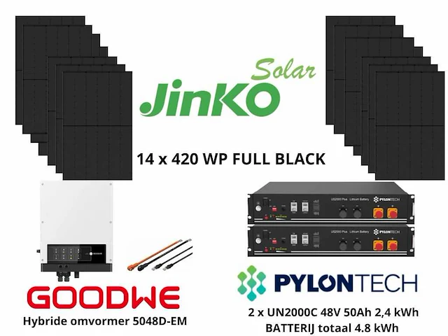 Set van 14 full black zonnepanelen (420 wp) met goodwe 5048d-em hybride omvormer en 2 x pylontech 2,4 kwh batterij t.b.v. energieopslag (totaal vermogen 4,8 kw) - afbeelding 1 van  14