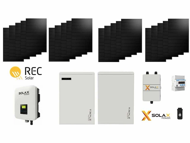 Set van 20 full black zonnepanelen (405 wp) met solax 8.0k hybride omvormer en solax 5.8kwh master pack en solax batterij 5.8kwh slave unit - afbeelding 1 van  34