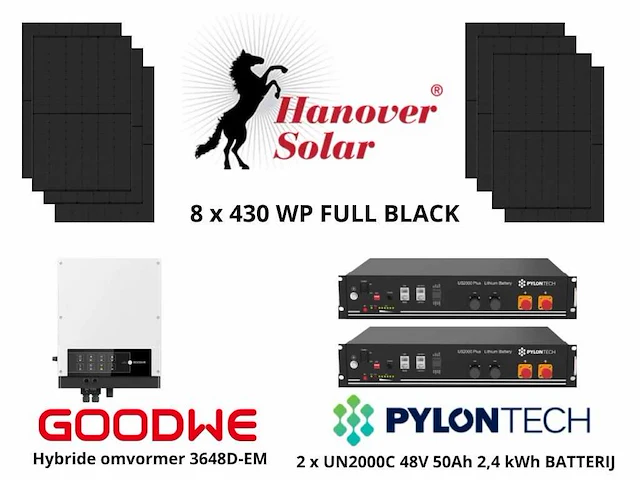 Set van 8 full black zonnepanelen (430 wp) met goodwe 3648d-em hybride omvormer en 2 x pylontech 2,4 kwh batterij t.b.v. energieopslag (totaal vermogen 4,8 kw) - afbeelding 1 van  14