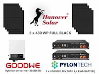 Set van 8 full black zonnepanelen (430 wp) met goodwe 3648d-em hybride omvormer en 2 x pylontech 2,4 kwh batterij t.b.v. energieopslag (totaal vermogen 4,8 kw)