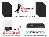 Set van 8 full black zonnepanelen (430 wp) met goodwe 3648d-em hybride omvormer en pylontech 2,4 kwh batterij t.b.v. energieopslag