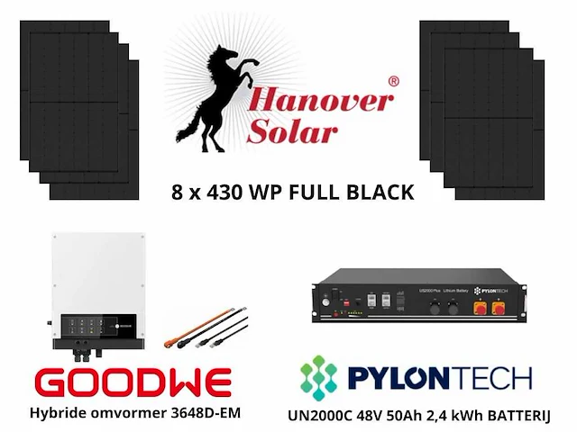 Set van 8 full black zonnepanelen (430 wp) met goodwe 3648d-em hybride omvormer en pylontech 2,4 kwh batterij t.b.v. energieopslag - afbeelding 1 van  15