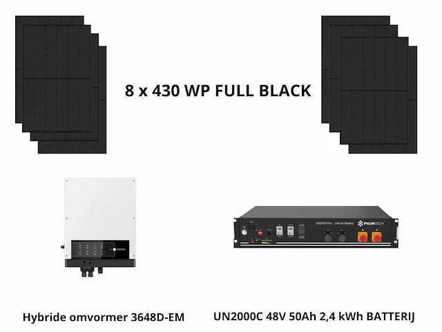 Set van 8 full black zonnepanelen hybride omvormer en batterij 2,4 kwh - afbeelding 1 van  15