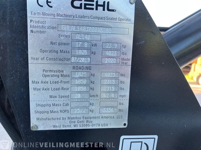 Shovel gehl, al140, geel, bouwjaar 2019 - afbeelding 2 van  17