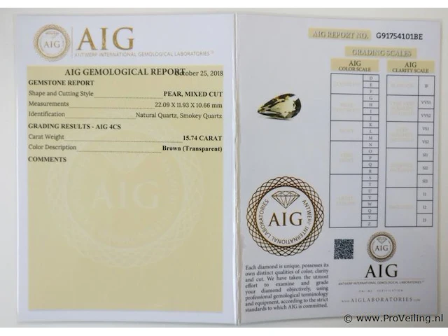 Smokey quartz 15.74ct aig certified - afbeelding 4 van  4