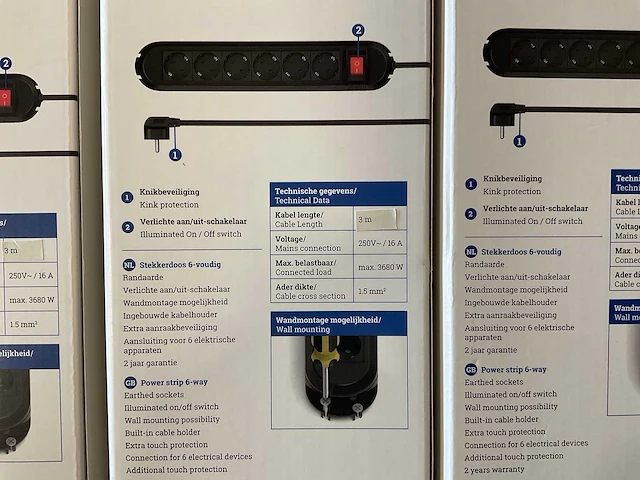 Stekkerdoos 6-voudig met schakelaar 3 m zwart bcc pl (108 stuks) - afbeelding 4 van  6