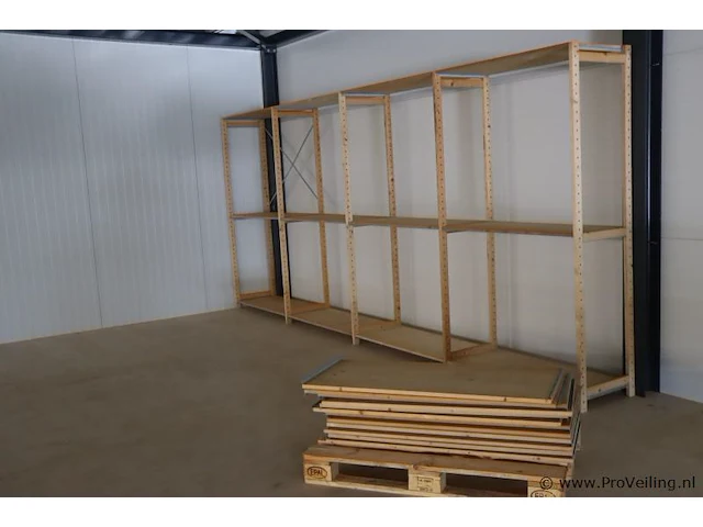 Stelling, hout - 5x staanders van 49x2,7x209cm & 23x liggers van 117x1,8x49cm - afbeelding 1 van  5