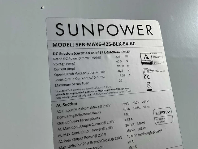 Sunpower max 6 blk 425ac zonnepaneel (8x) - afbeelding 6 van  7