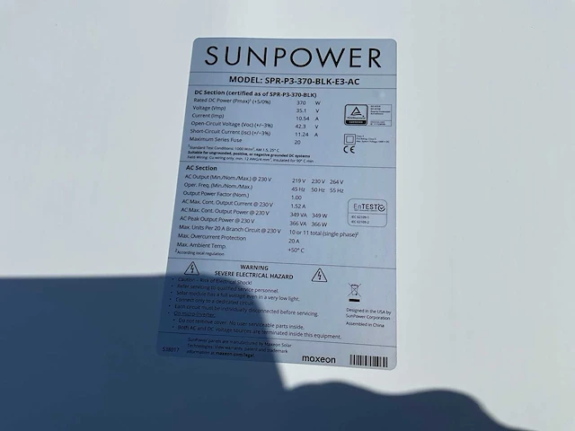 Sunpower p3 blk 370ac zonnepaneel (19x) - afbeelding 5 van  5