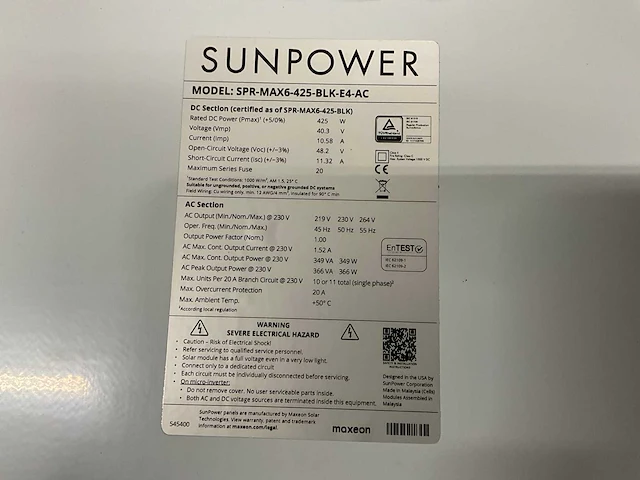 Sunpower spr-max6-425-blk-e4-ac zonnepaneel (9x) - afbeelding 5 van  6