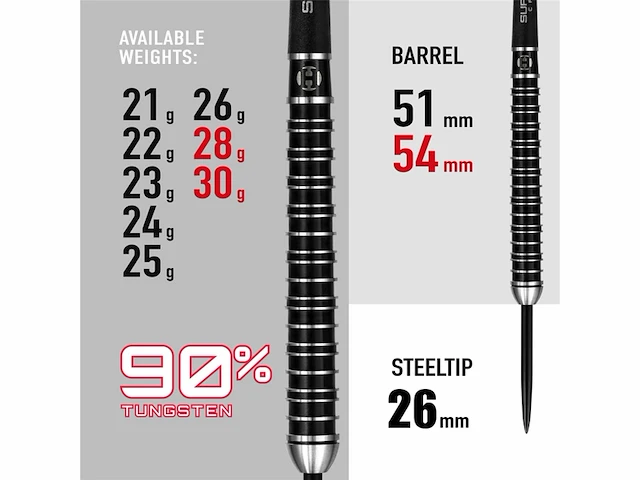 Supergrip ultra 90% wolfraam stalen tip dartset - afbeelding 3 van  4