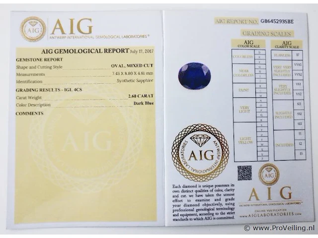 Synthetic sapphire 2.60ct aig certified - afbeelding 7 van  7