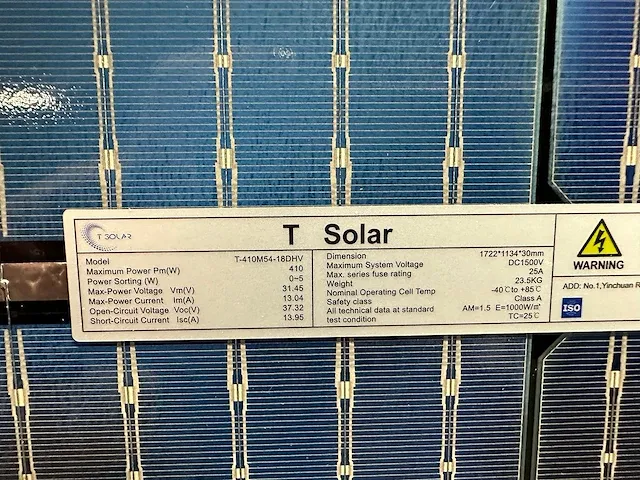 T-solar - t-410m54-18dhv - set van 10 full black (410 wp) glas-glas zonnepanelen - afbeelding 3 van  3