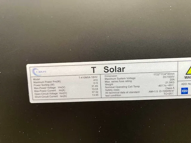 T-solar - t-410m54-18hv - pallet met 36 t-solar full black (410 wp) zonnepanelen (totaal 14.760 wp) - afbeelding 4 van  6