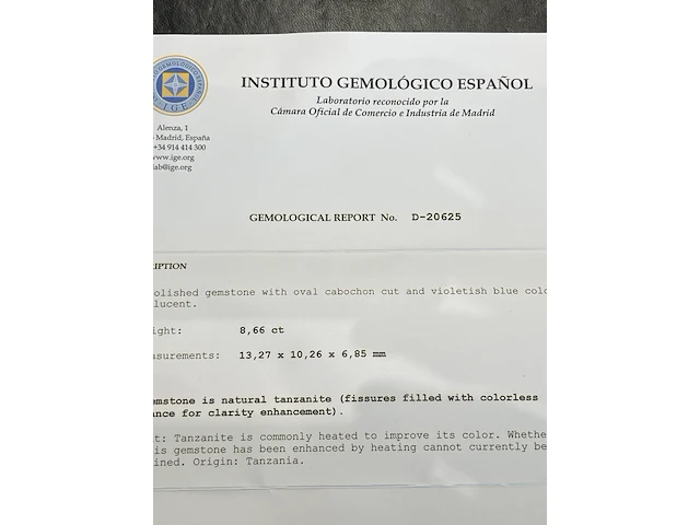 Tanzaniet - 8.66 carat natuurlijke tanzaniet (gecertificeerd) - afbeelding 3 van  6