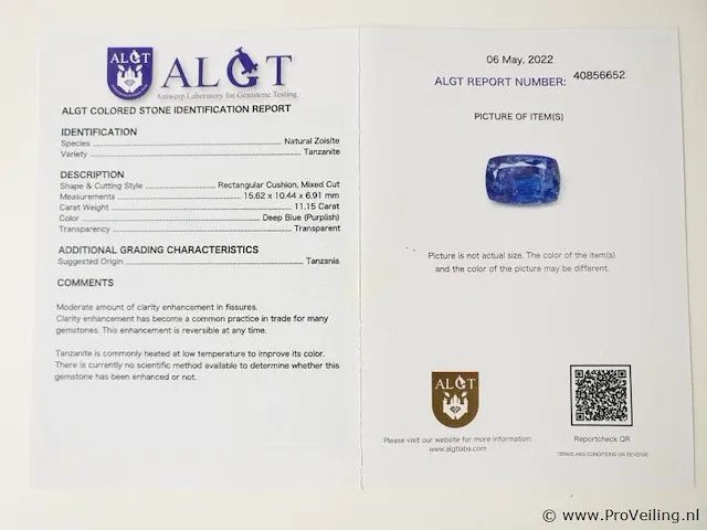 Tanzanite 11.15ct algt certified - afbeelding 8 van  8