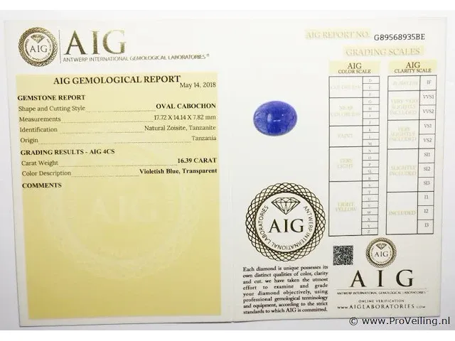 Tanzanite 16.39ct aig certified - afbeelding 2 van  7