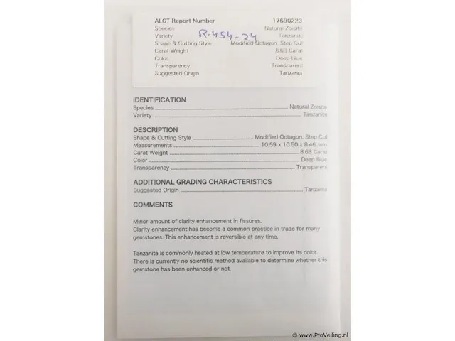 Tanzanite 8.63ct algt certified - afbeelding 7 van  8