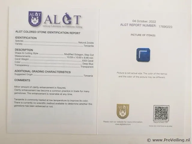 Tanzanite 8.63ct algt certified - afbeelding 8 van  8
