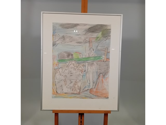 Tekening, g. kooy, man met honden in landschap 3, 1983 - afbeelding 1 van  9