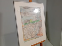 Tekening, g. kooy, man met honden in landschap 3, 1983 - afbeelding 2 van  9