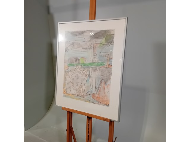 Tekening, g. kooy, man met honden in landschap 3, 1983 - afbeelding 3 van  9