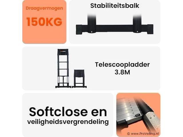 Telescoopladder 3,80m zwart - afbeelding 2 van  7