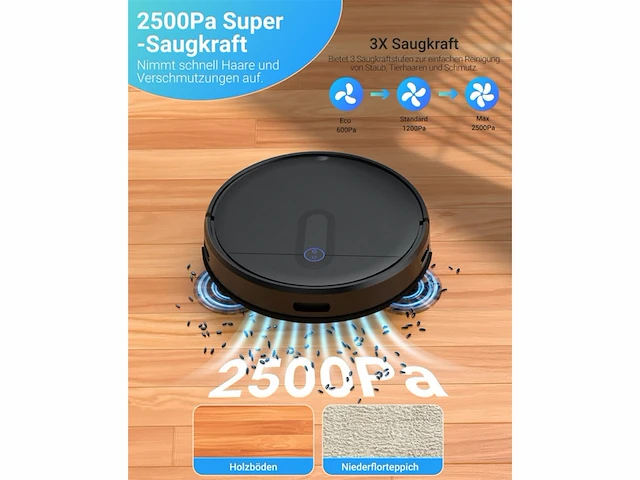 Thamtu robotstofzuiger, 2500 pa met wlan/app/googleassistent voor harde vloeren, tegels, laminaat, tapijten en dierenharen - afbeelding 3 van  6