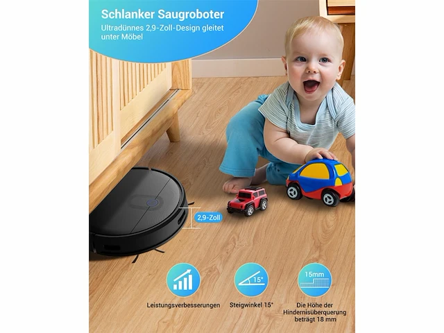 Thamtu robotstofzuiger, 2500 pa met wlan/app/googleassistent voor harde vloeren, tegels, laminaat, tapijten en dierenharen - afbeelding 4 van  6