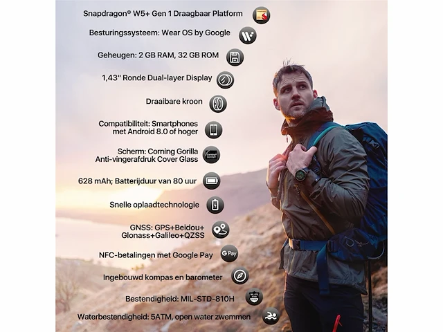 Ticwatch pro 5 android smartwatch snapdragon w5+ gen 1 platform wear os smart watch gps 5atm waterbestendigheid zwart - afbeelding 2 van  5